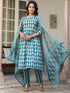 Teal Blue Pure Cotton Abstract A-line Kurta Set